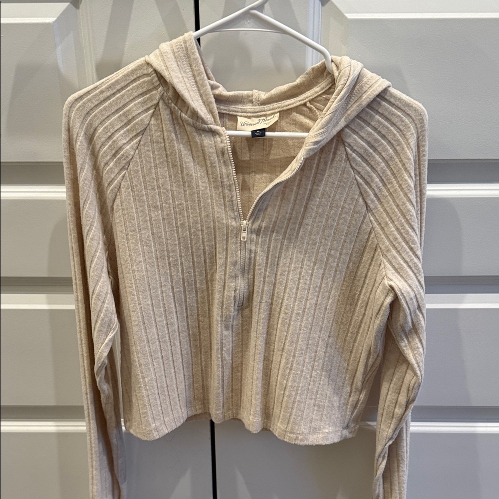 Universal Thread Ribbed Zip-Up Hoodie in Light Beige